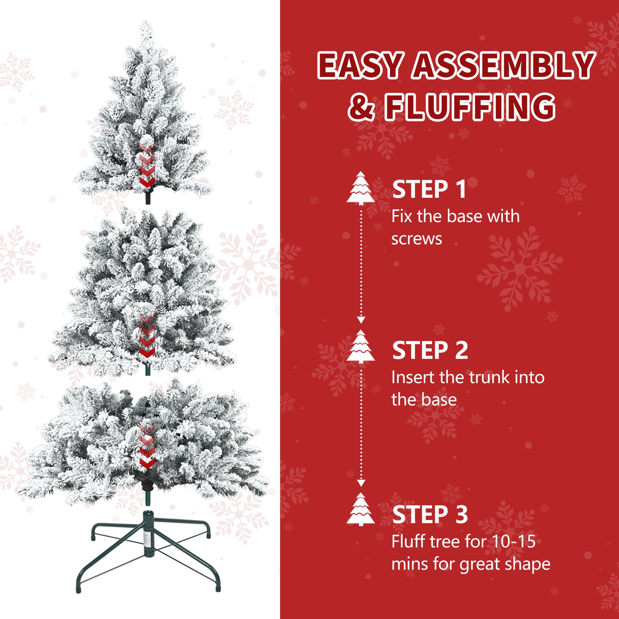 7FT Pre-Lit Christmas Tree with 500 Multicolor Lights, Realistic Snow Flocked Artificial Pine Trees with Pine Cones & Premium PVC, Sturdy Foldable Metal Stand, Easy Assembly Hinged Design