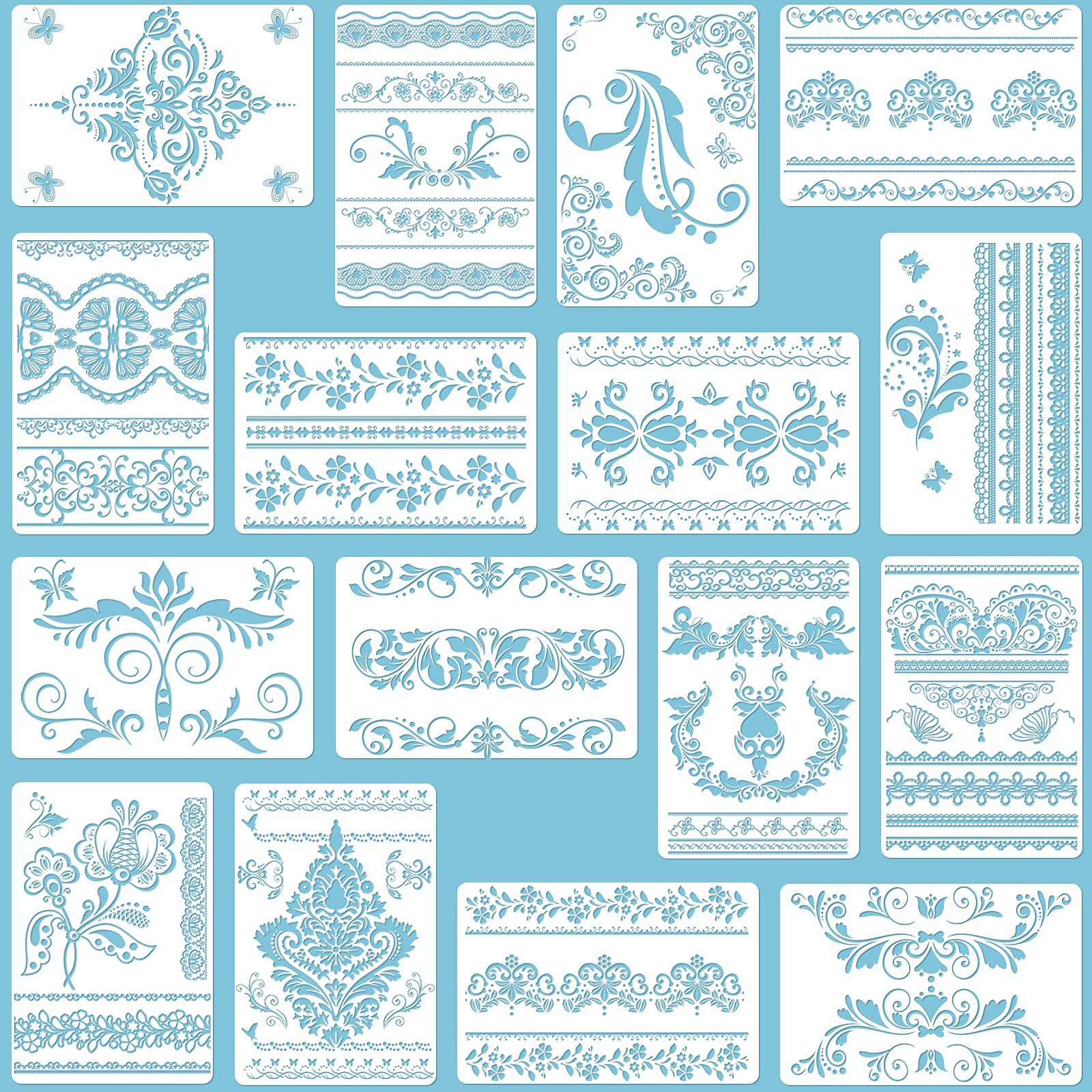 Photo 1 of 16 Pieces Flower Border Stencils, Mandala Stencils Templates Reusable Laser Cut Floral Painting Templates for DIY Wall Tile Furniture Canvas Craft Stencil Outdoor Indoor Decoration, 11.4 x 8.3 Inch