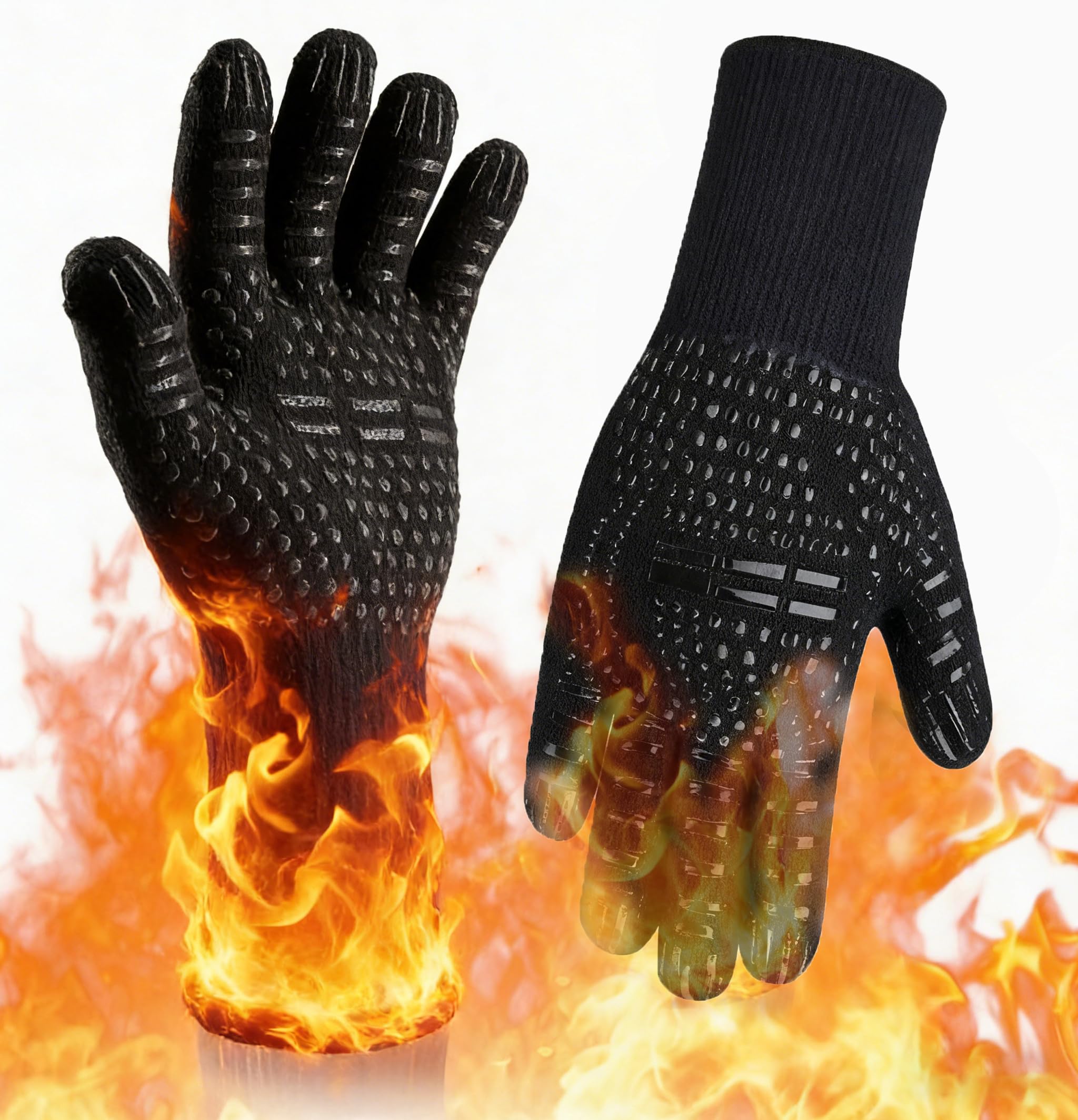 Grill Gloves Heat Resistant (A Pair)- 800°C Fireproof Oven Mitts, Non-Slip Silicone BBQ Gloves for Barbecue Grilling Baking & Cooking