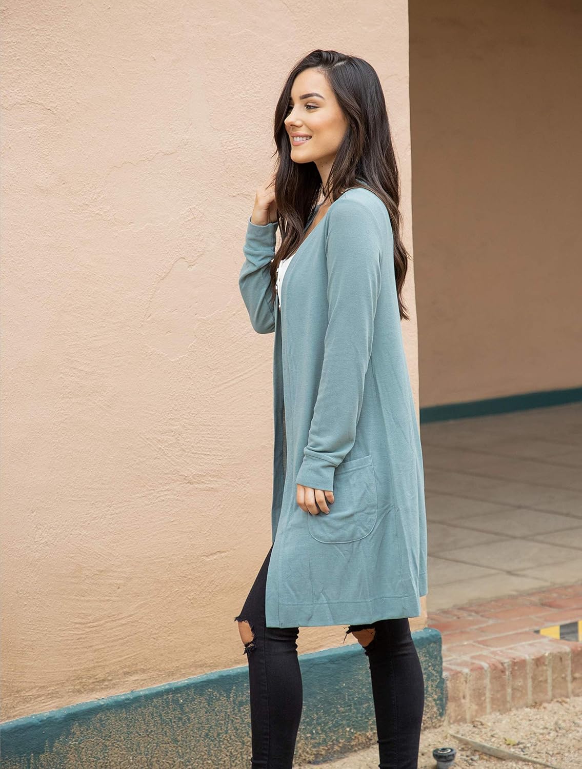 Tickled Teal Women’s Soft Long Sleeve Pocket Cardigan at  Women’s Clothing store