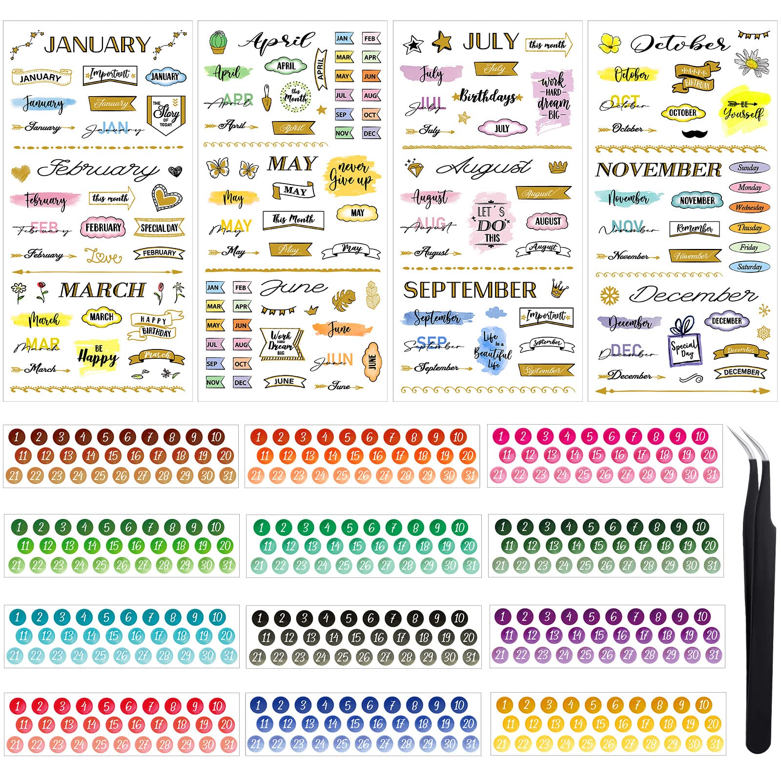 Photo 1 of Eersida 16 Sheets Calendar Date Number Stickers for Planners, 4 Happy Monthly Stickers and 12 Round Colorful Date Tabs Accessories with Elbow Tweezer