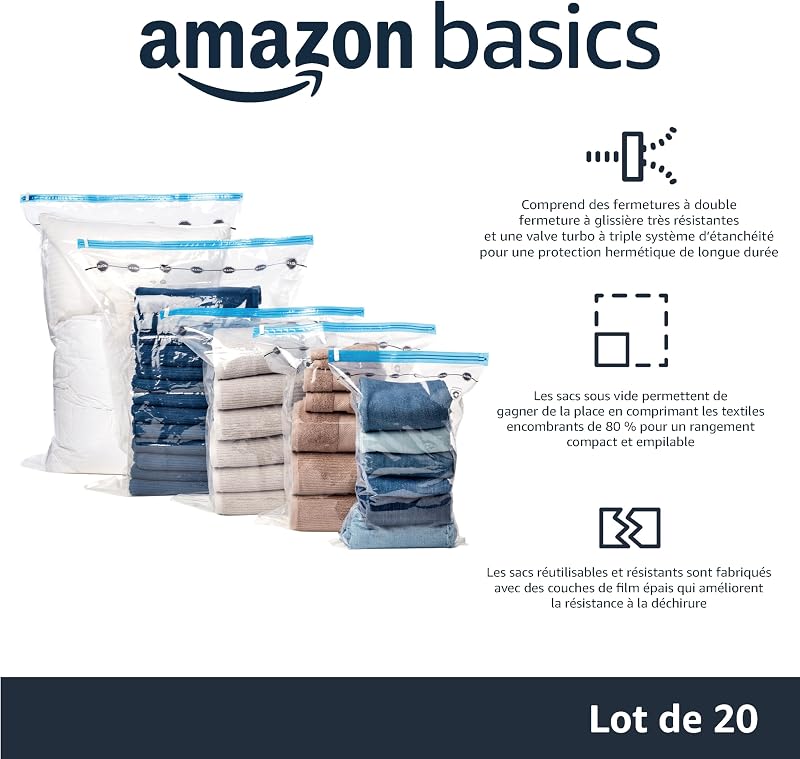 Housses de Rangement sous Vide avec Pompe Manuelle - (5 Taille S, 5 M, 5 L, 5 Jumbo), Fermeture éclair, Multiple, 20 pièces, 4 Lot de 5, Claire