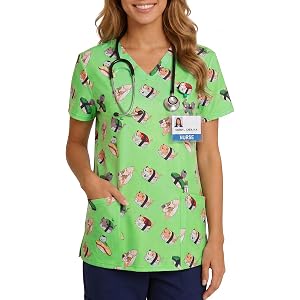 Wayleb Women's Print Scrub Tops V Neck Short Sleeve Fun Scrubs Shirts | Cute Cartoon Patterned Scrubs Shirts for Nurses Pedia