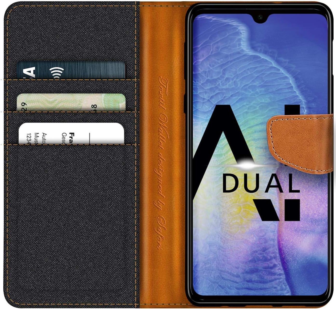 Verco Phone Wallet Case compatible with the Huawei Mate 20, Canvas Faux Leather Book Cover for the Mate 20 Flip Case Bag Hinged - Blue - Image 3