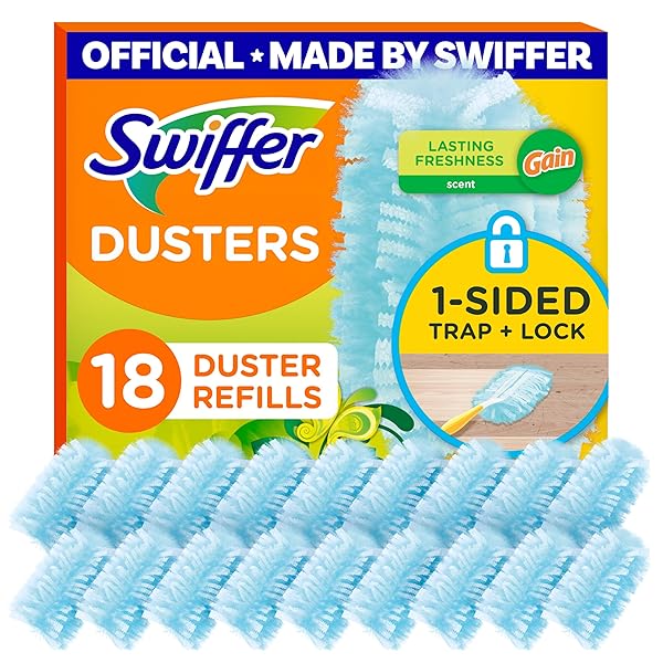 SWIFFER DUSTERS REFILL FOR CLEANING, MADE BY SWIFFER, FEATHER & MICROFIBER DUSTER DISPOSABLE ALTERNATIVE, FOR DUSTING FURNITURE, BLINDS, CEILING FANS, HELPS REMOVE ALLERGENS, GAIN SCENT, 18 COUNT