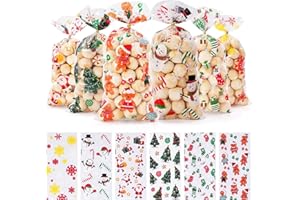iefoah Christmas Treat Bags - 120pcs Clear Plastic Gift Bags with Twist Ties for Cookies, Candy Goodie Christmas Party Supplies