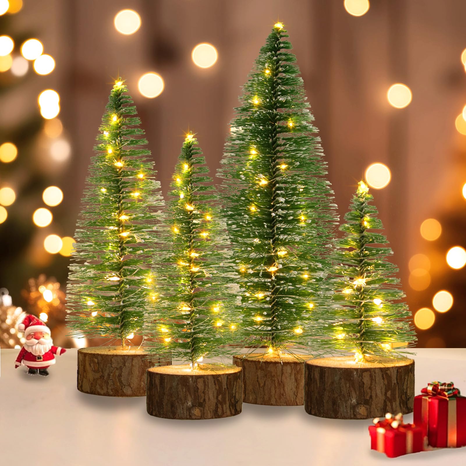 Photo 1 of 4 PCS Mini Christmas Trees, 4 Sizes Artificial Christmas Trees with 2 Modes LED String Lights Timer, Bottle Brush Trees Battery Powered Tabletop Tree Decoration (Warm White)