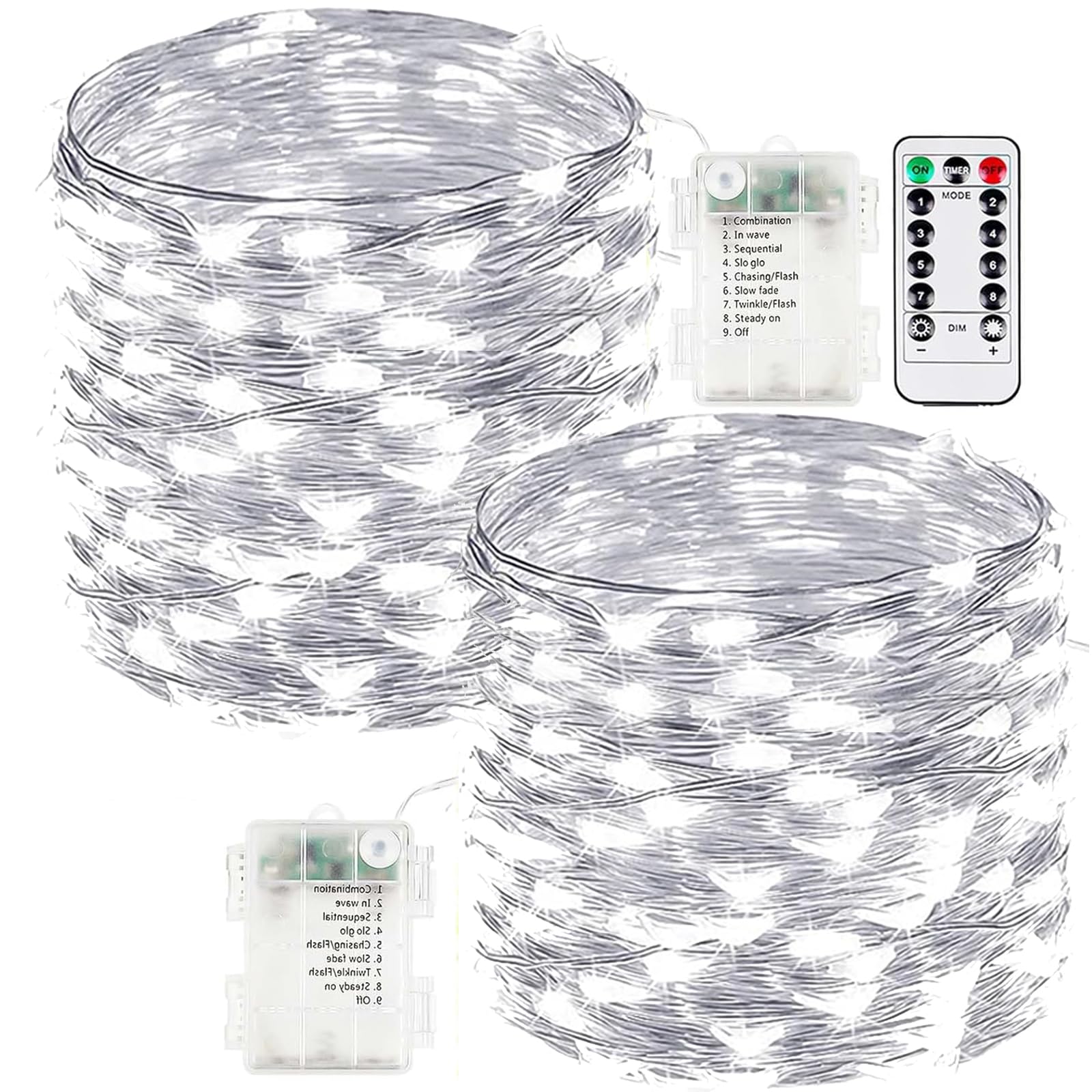 Photo 1 of 2-Pack Fairy Lights Battery Operated with Remote, Waterproof 66FT 200 LED Battery String Lights Outdoor Indoor, 8 Modes Twinkle Lights with Timer for Bedroom Wedding DIY Christmas Decor (Cool White)