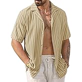 Herberton Mens Summer Striped Shirts Casual Cuban Shirt Texture Button Down Shirts for Beach Vacation (S-XXL)