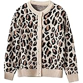 Floerns Girl's Leopard Graphic Button Down Cardigan Crewneck Long Sleeve Casual Sweaters