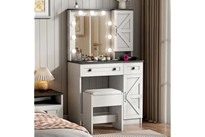WANAN 31.5" Makeup Vanity Desk with Mirror and Light, Farmhouse White Vanity with Power Outlet & 2 Drawers, 3 Color Lighting Mode, Bedroom Vanity Desk for Girl, Women (31.5inch)