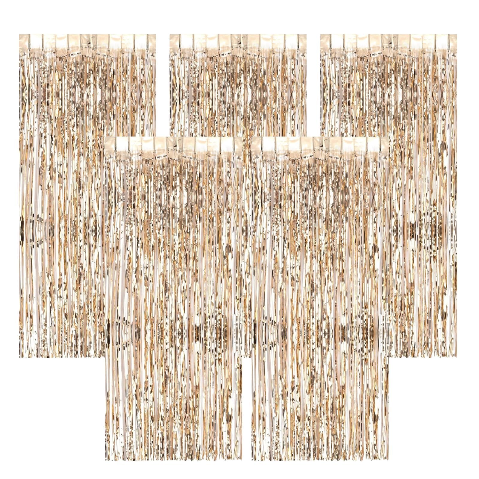 AIBAOBAO 5 Pack Foil Curtain Decorations, Champagne Gold 3ft x 6.6ft Metallic Tinsel Streamers Backdrop for Birthday Graduation Wedding Engagement Bridal Shower Bachelorette Holiday Party Decoration