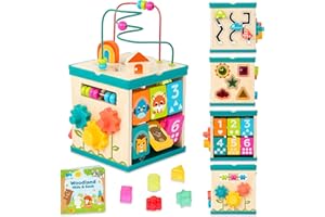 B. toys – Tabletop Activity Cube – Educational Storybook Included – Wooden Shape Sorter, Bead Maze, Animal Tiles – Top Flips 