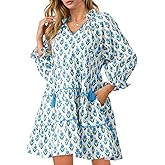 Wenrine Womens Casual Mini Dress Long Sleeve Floral Ruffle V Neck Fall Loose Boho Babydoll Dresses with Pockets