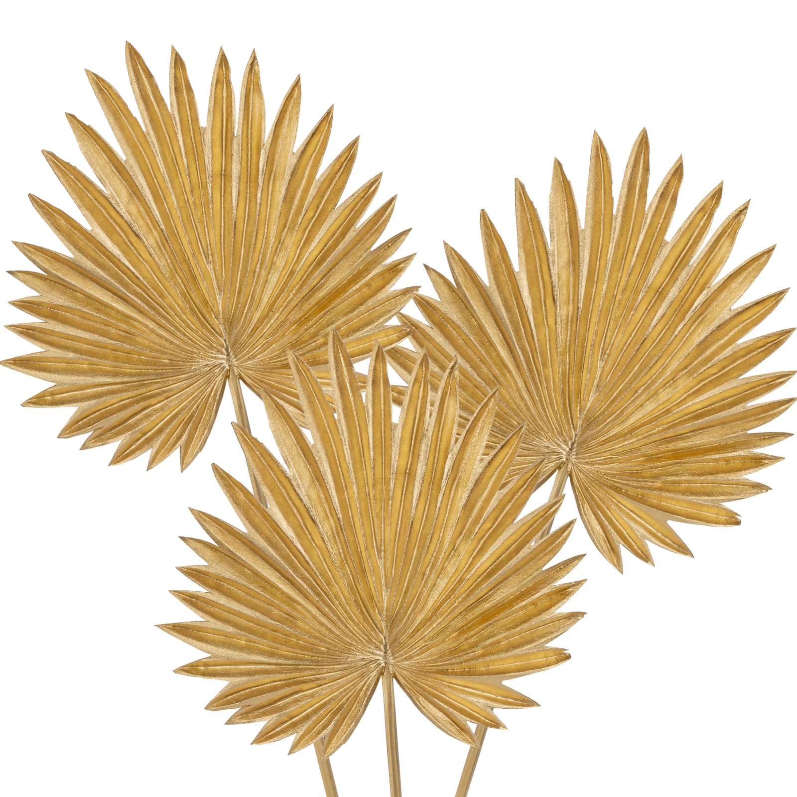Photo 1 of Large Pu Foam Gold Artificial Palm Leaves Faux Palm Tropical Leaves Fake Palm Fronds for DIY Wedding Bouquets Fake Leaves for Centerpieces Arrangements Bridal Shower Palm Leaf for Home Decor-3 Pcs