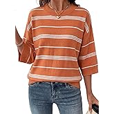 Dokotoo Womens Sweaters Spring Summer Oversized 3/4 Sleeve Striped Crewneck Casual Lightweight Knit Pullover Sweater Tops