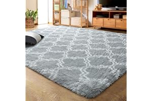LOCHAS Luxury Shag Area Rug 8 x10 Feet Geometric Plush Fluffy Rugs, Extra Soft Carpet Moroccan Rugs for Bedroom Living Room Dorm Kids, High Pile Shaggy Floor Rug Decor, Light Grey/White