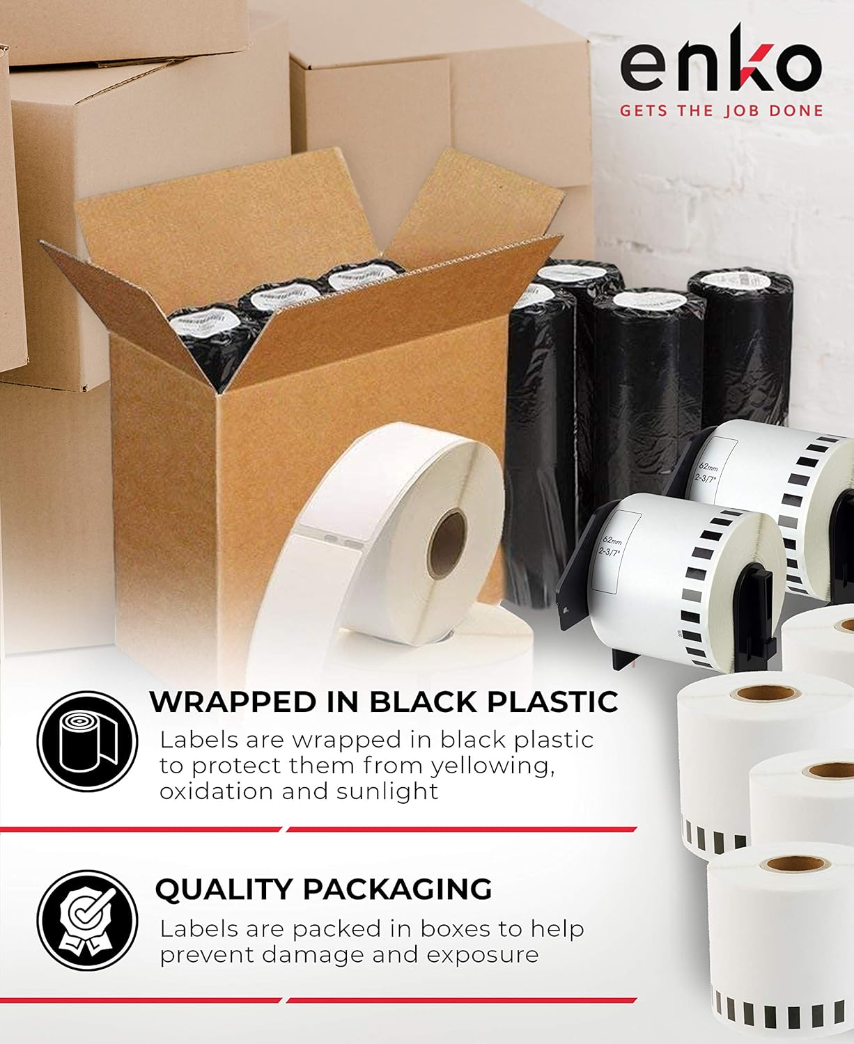 enKo - Compatible DK-2205 Continuous Paper Labels (2.4 Inch x 100 Feet) Compatible for Brother QL Label Printers - 6 Rolls + 2 Refillable Cartridges : Office Products