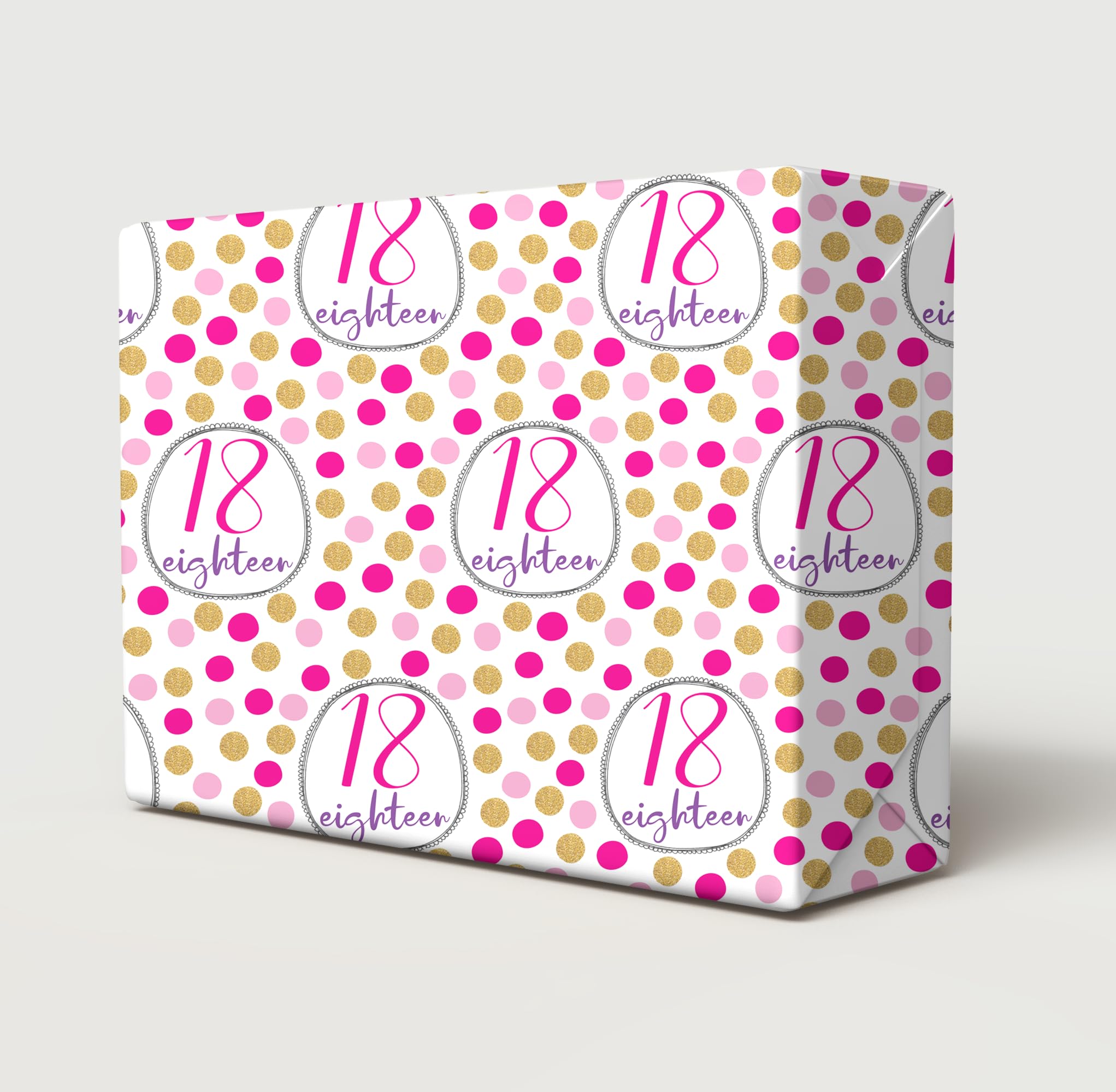 4 Sheets 4 Tags 18th Birthday Pink Gold Polka Dots Female Wrapping Paper Age 18 Birthday Ladies Giftwrap (PA)