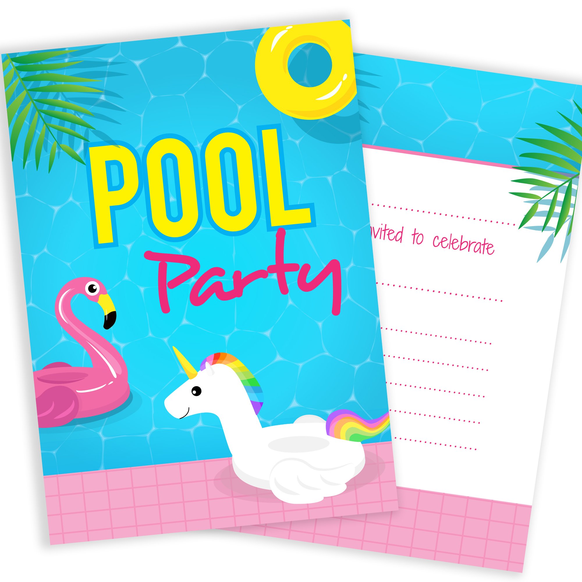 Olivia Samuel 20 x Pool Party Invitations from Girls Unicorn and Flamingo Style - Ready to Write with Envelopes