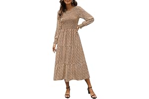 Zattcas Womens Fall Dresses 2025 Casual Long Sleeve Smocked Boho Floral Tiered Midi Wedding Guest Dress with Pockets