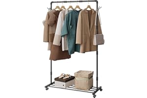 OROPY Rolling Clothes Rack for Hanging Clothes, Industrial Style Clothing Rack with Wheels and Hooks, Sturdy Metal Garment Rack with Bottom Storage Black