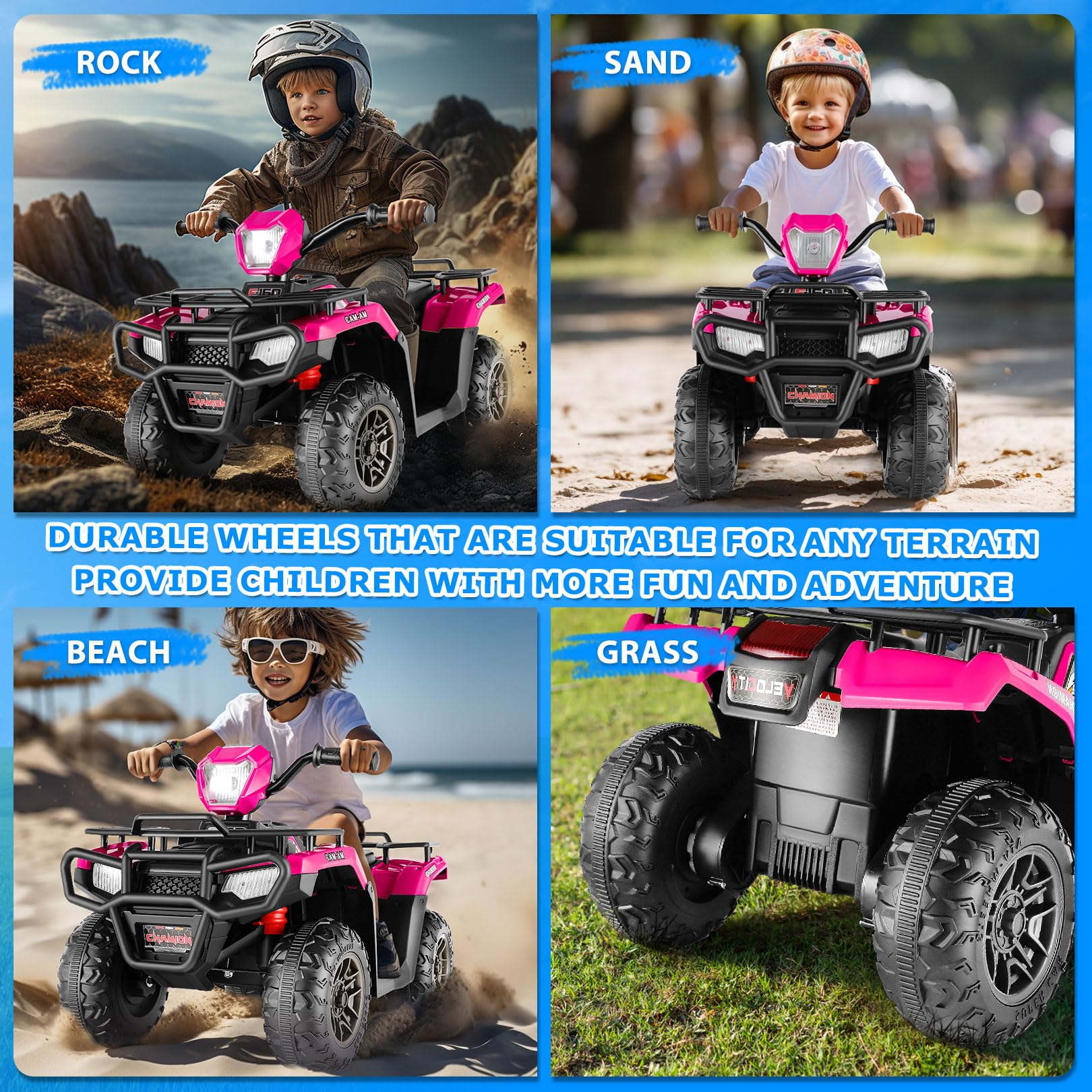 Hikole Kids ATV, 12V Four Wheeler for Kids, Battery Powered Electric Quad Car Toy with LED Lights, Music, High/Low Speed, Soft Start, USB, Treaded Tires, Rose Red