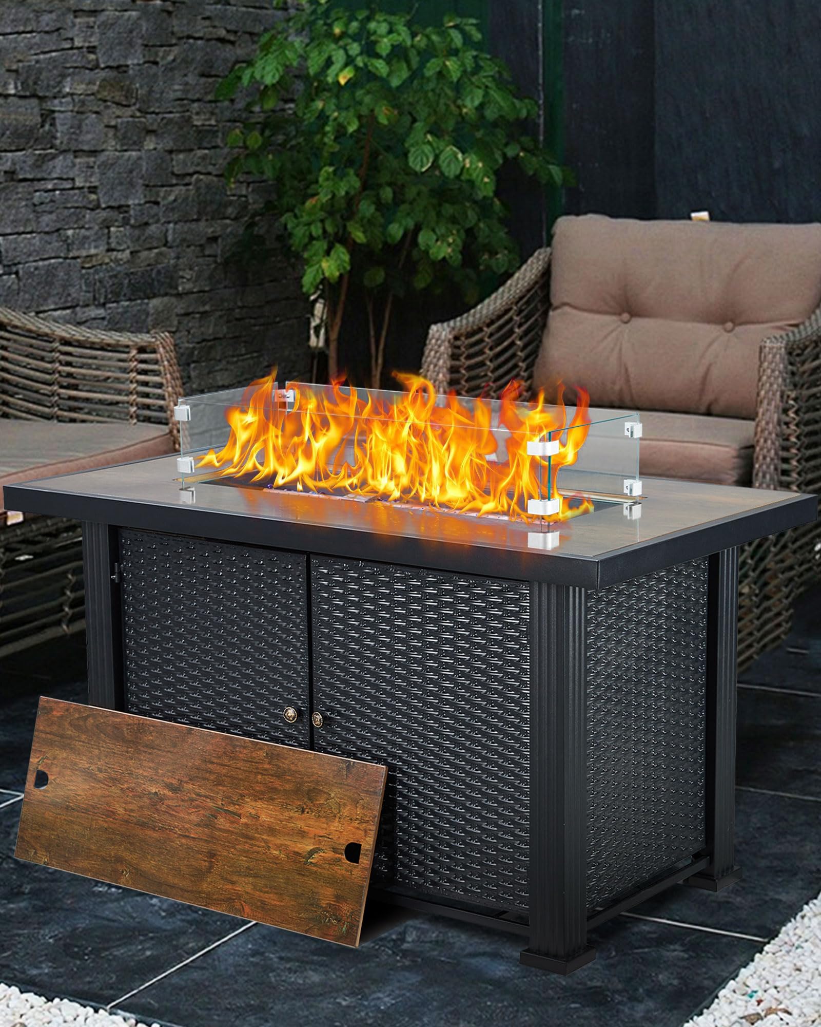 Photo 1 of GarveeLife 44 inch Propane Fire Pit Table,50000 BTU Fire Table with Ignition System,Outdoor Fire Table with Glass Rocks for Patio Garden Backyard,Rain Cover and Wind Guard Glass Included