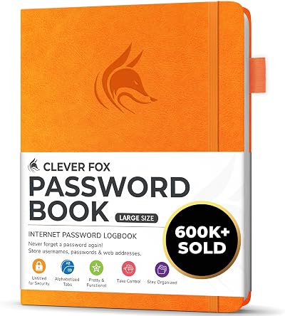 Clever Fox Password Book with Alphabetical Tabs Yellow Large 18x25 cm