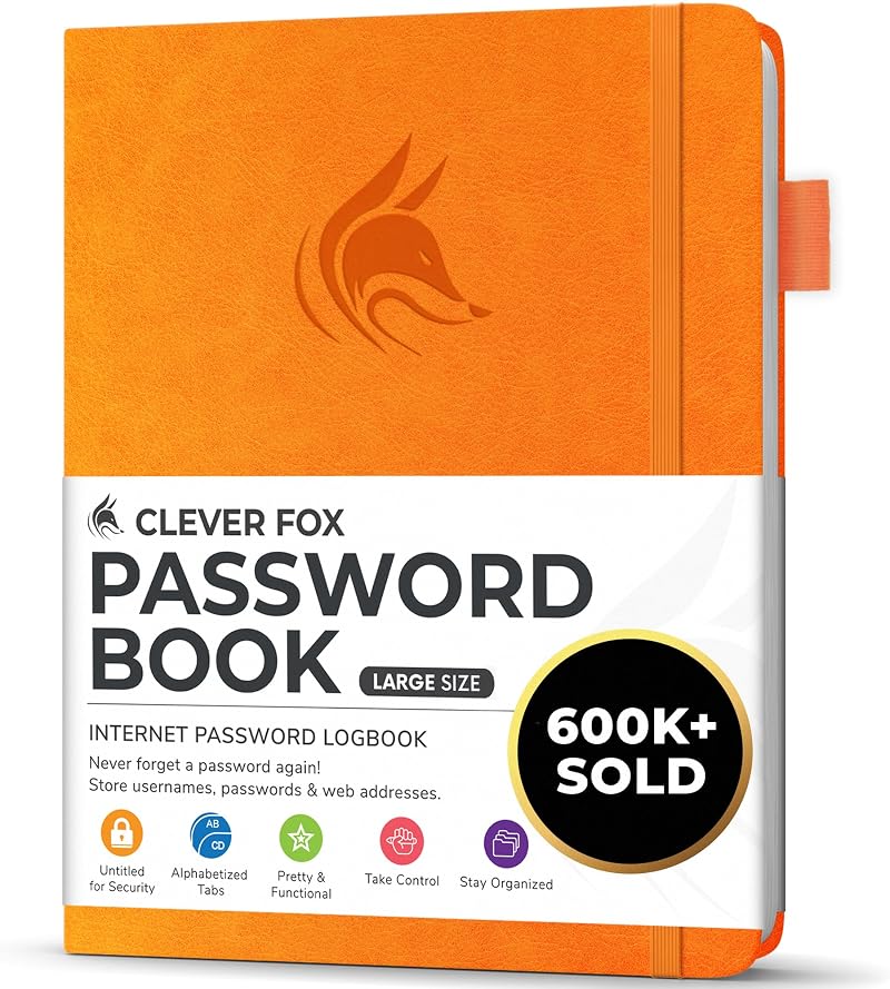 Clever Fox Password Book with Alphabetical Tabs Yellow Large 18x25 cm