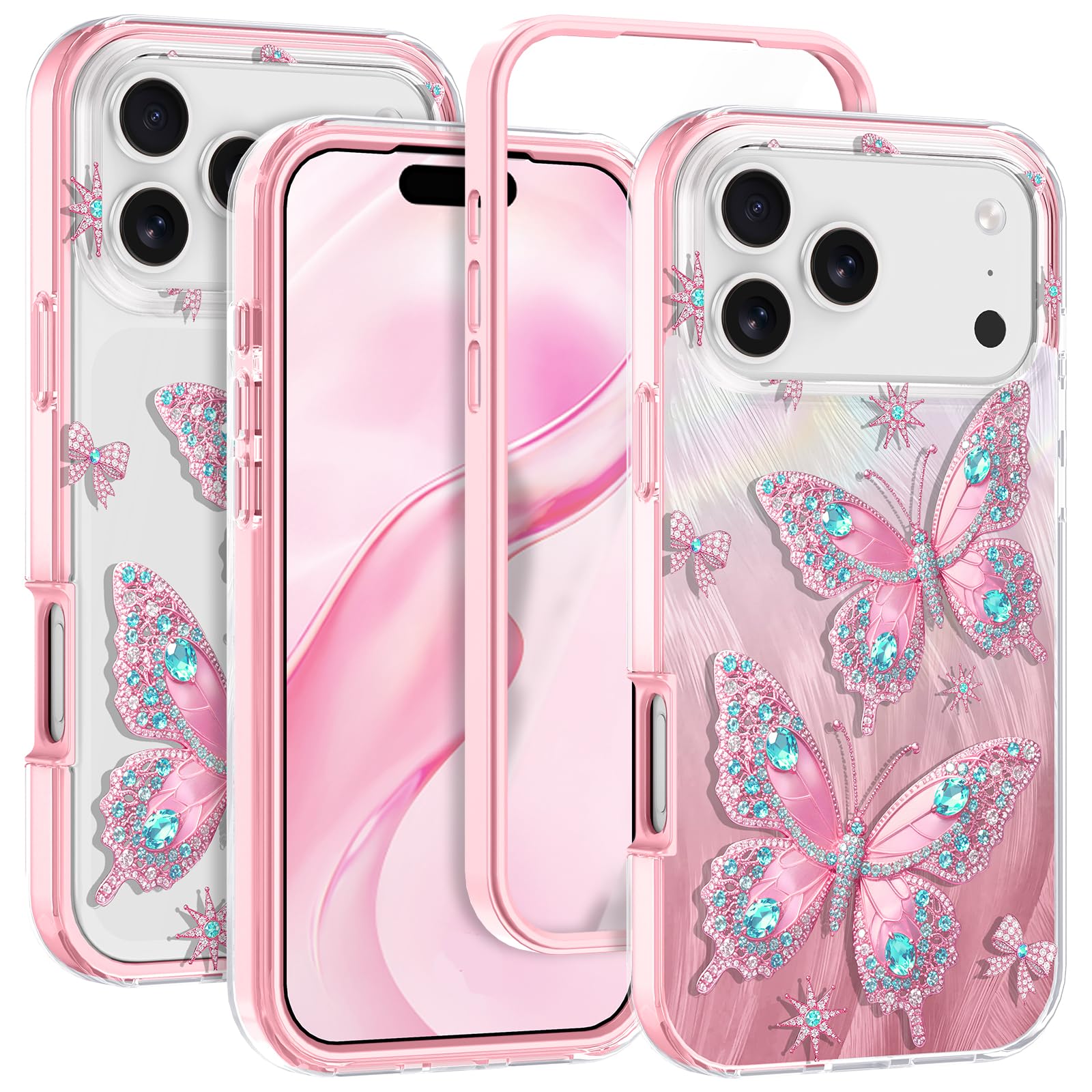 Rancase for iPhone 17 Pro Max Case with Screen Protector, Clear Butterfly Design, Removable Frosted Glitter Card, Hard PC&TPU Bumper Shockproof Protective Full Body Rugged Phone Cover Women, Rose Gold