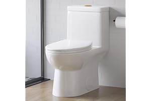 HOROW HR-LT0037WG Elongated One Piece Toilet with Gold Button, Powerful & Quiet Dual Flush Modern Toilet & Soft Closing Seat Include, 12 Rough-In, 27.19"D x 14.63"W x 29.32"H, White Toilet Bowl