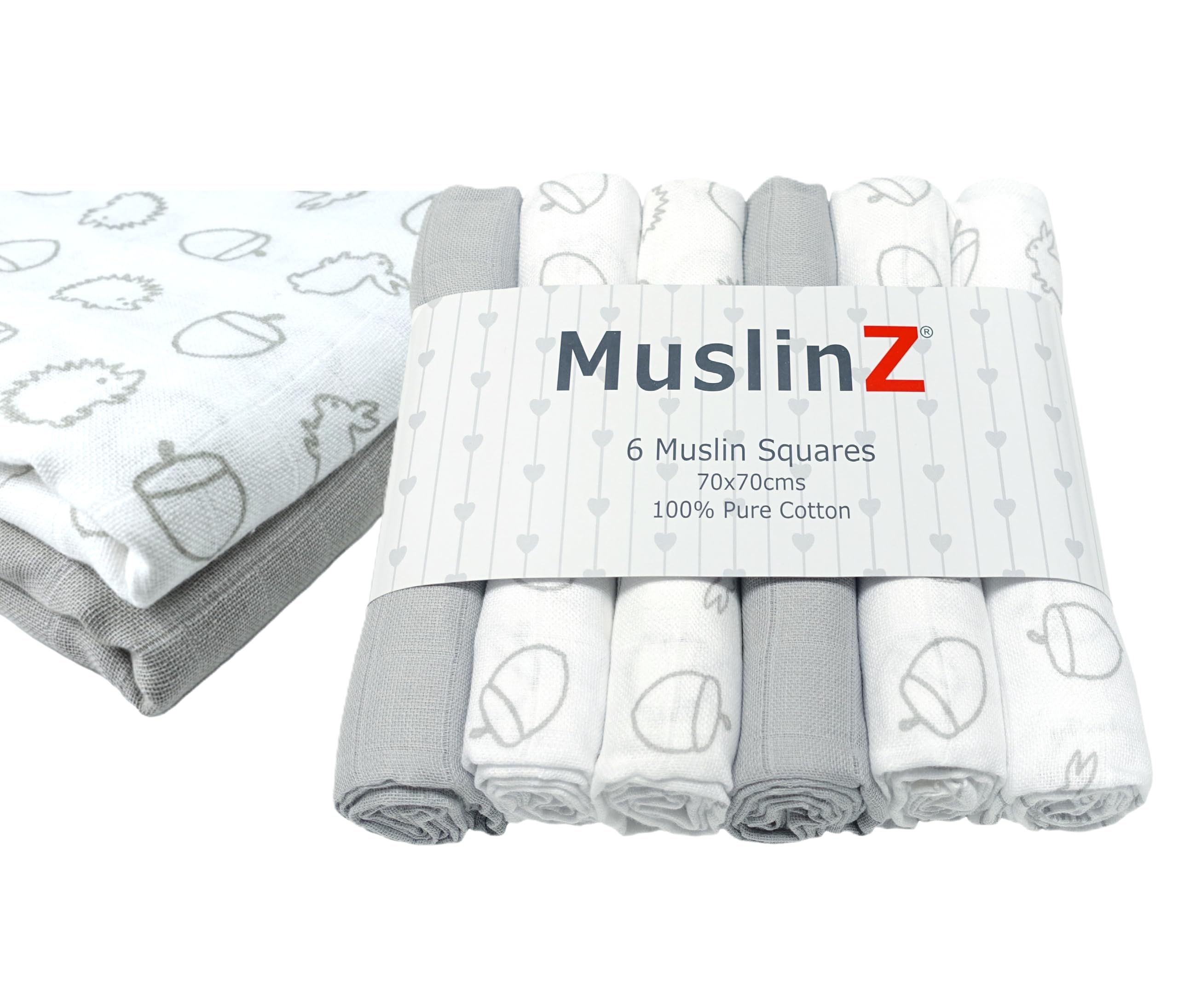 MuslinZ- 6 pack Muslin Squares Baby Burp Cloths 70x70cms Perfect for Newborns, multi-use, Oeko-Tex standard 100, UK brand. (Woodland, 6 Pack)
