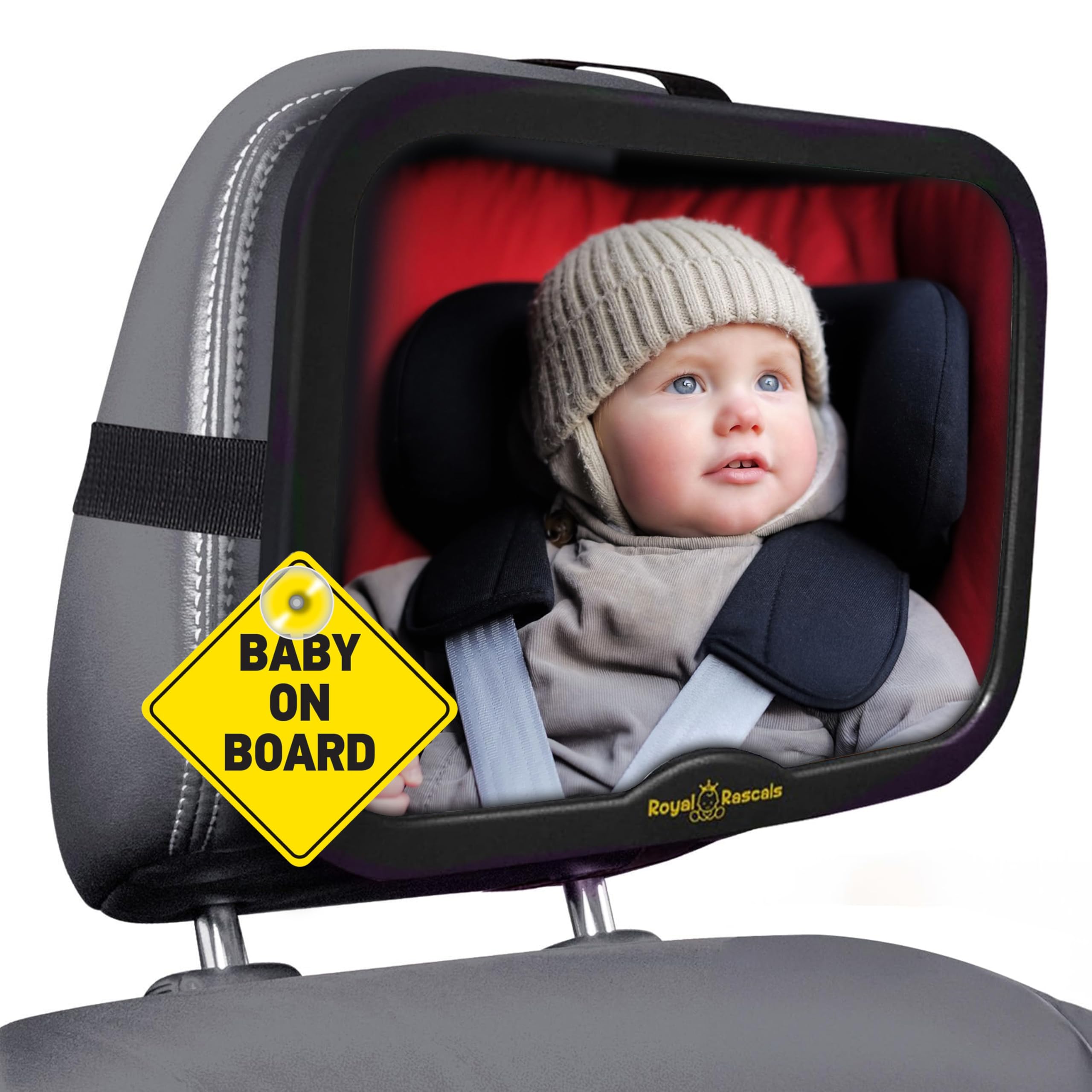 Royal Rascals Baby Car Mirror for Back Seat - Shatterproof Car Rear View Mirror w/360° Rotation, Adjustable Straps & Strong Mount, Essentials for Newborn Safety + Baby on Board Sign, Black