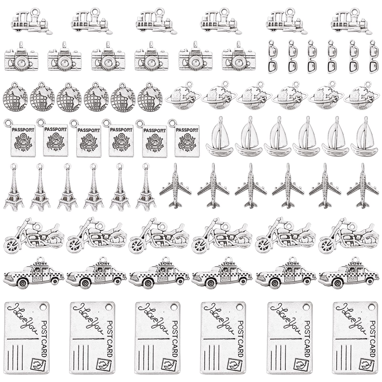 NBEADS 72 Pcs 12 Styles Travel Theme Charms Pendants, Tibetan Style Alloy Pendants Antique Silver Dangle Charms Tibetan Silver Metal Charms for DIY Bracelet Necklace Jewelry Making