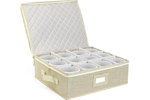 LotFancy Cup and Mug Storage Box, Hard Shell, China Coffee Mug Storage Container for Moving, Holds 12 Tea Cups, with Dividers & Handles, Beige