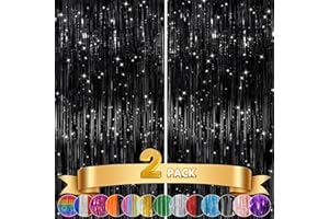 GCB 2Pack Black Metallic Tinsel Foil Fringe Curtains, Black Foil Curtain Backdrop, Photo Booth Props for Birthday Wedding Baby Shower Bachelorette Xmas Celebration Party Decorations Door Streamers