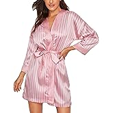 Womens Dressing Gown Satin Kimono Robe Ladies Silk Stripe Bathrobe Oblique V-Neck Short Robes for Bride Bridesmaids,Wedding Party Loungewear Plus Size Sleepwear Nightwear Pajamas Short S-XXL Pink