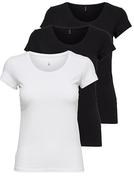 ONLY 3er Pack Damen T-Shirt Schwarz Oder Weiß Kurzarm Lang Basic Sommer T-Shirts XS S M L XL Gratis Wäschenetz von B46