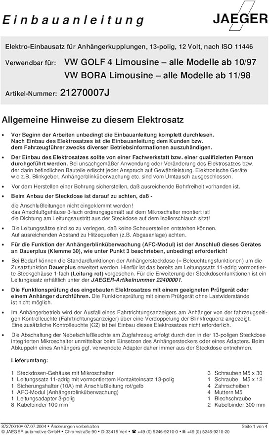 Jaeger 13 Poliger Spezifischer Elektrosatz Kompatibel Mit Volkswagen Golf Iv 1997 21270007zm2 Amazon De Auto