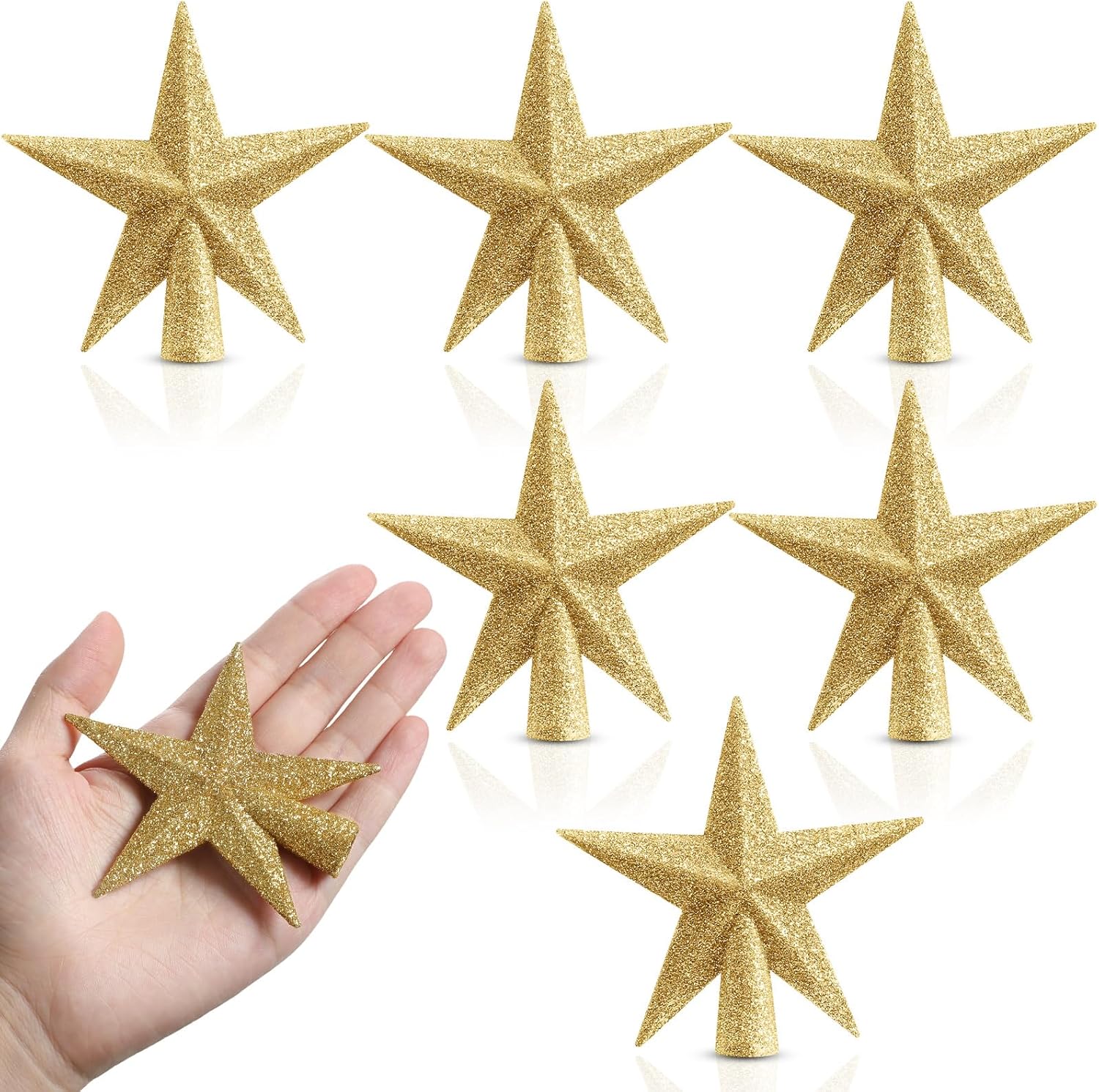 Tree Toppers - Hiboom 6 Pieces Mini Star Christmas Tree Topper Glittered Christmas Tree Star for Xmas Tree Party Decoration Holiday Outdoor Indoor Home Ornaments (Gold)