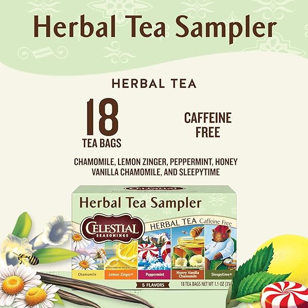 CELESTIAL SEASONINGS HERBAL TEA SAMPLER VARIETY PACK, CAFFEINE FREE, 18 TEA BAGS BOX