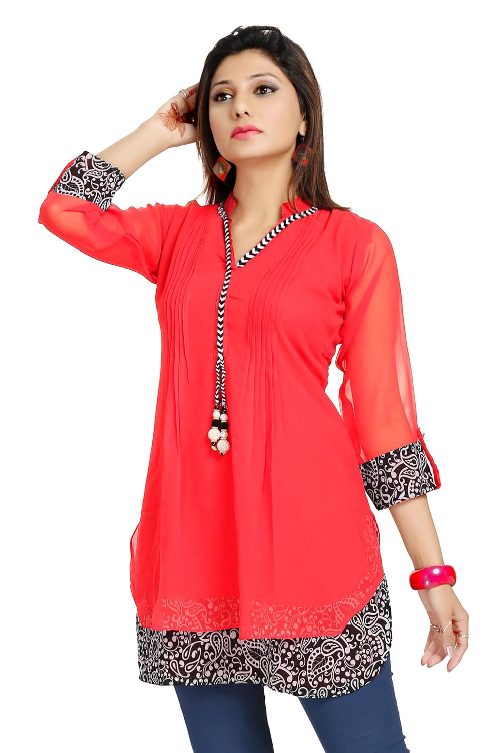 alc creation women's chiffon a-line short kurti (alc1030 _cherry red_ )