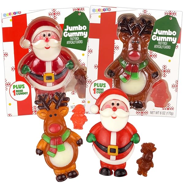 GALERIE JUMBO REINDEER AND SANTA CHRISTMAS GUMMIES, FRUIT PUNCH FLAVORED CANDY, STOCKING STUFFER GIFTS, 6 OUNCES EACH (SET OF 2)