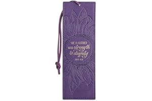 Christian Art Gifts Vegan Leather Scripture Bookmark for Women: Strength and Dignity - Proverbs 31:25 Inspirational Bible Verse Heat-Debossed, Faith-Based Reading Accessory w/Tassel, Purple Sunflower