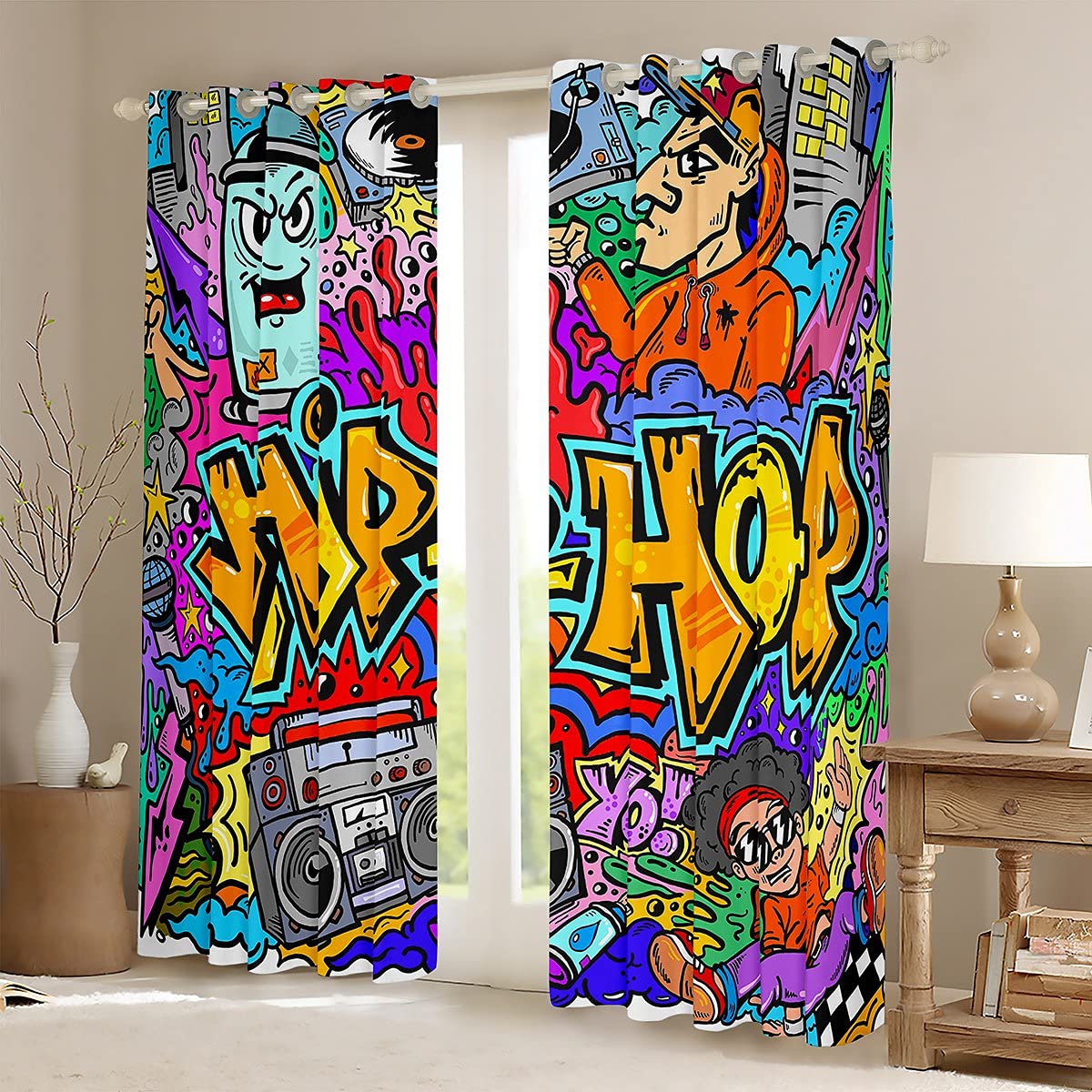 Hippie Graffiti Room Curtain Hip Hop Radio Rock Curtain for Bedroom Kids Boys Colorful Graffiti Pattern Curtain Watercolor Art Drapes,W66*L72