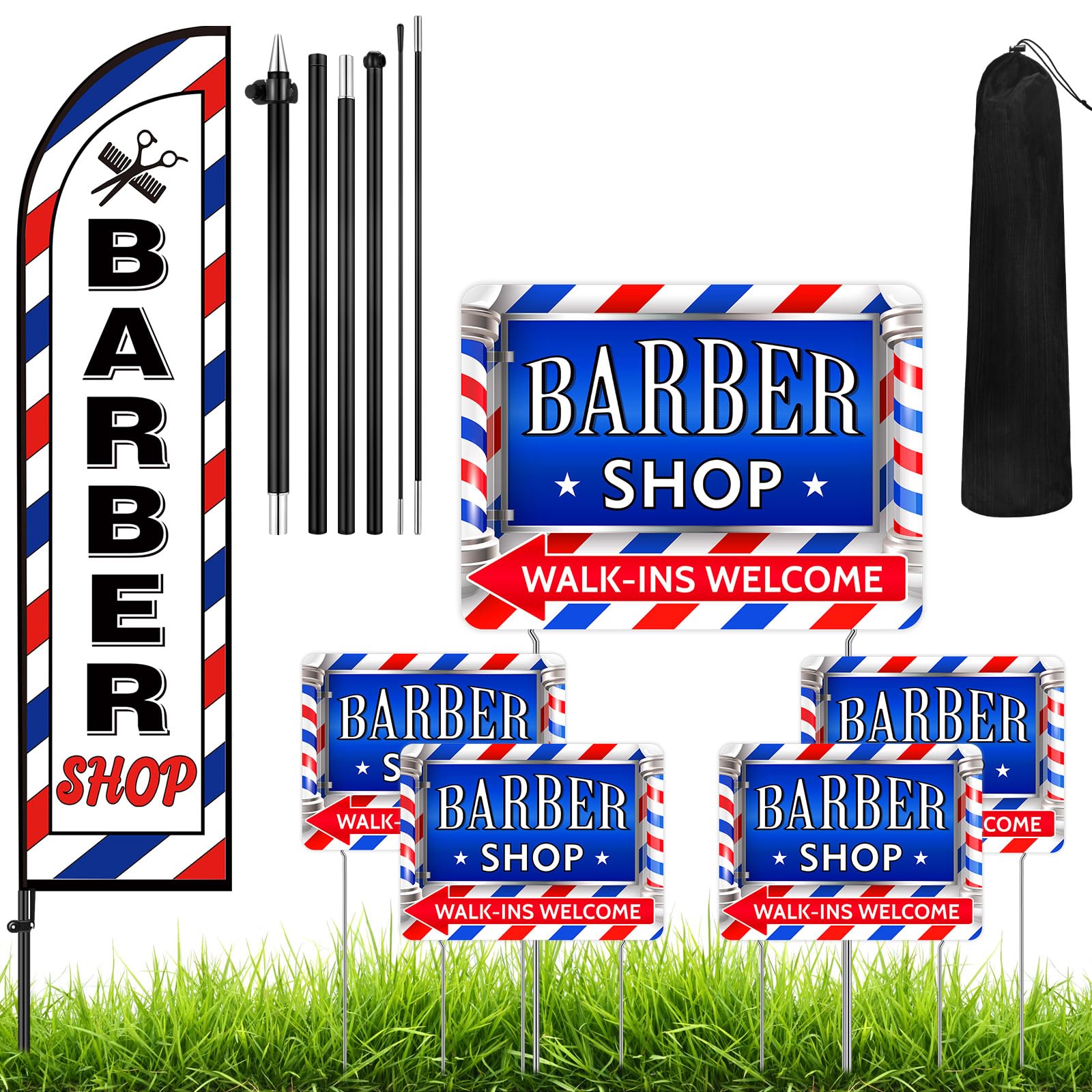 Photo 1 of SmoothNovelty 5 Pcs Barber Shop Sign 1 Pcs 7 ft Barber Flag with Pole Kit Double Sided Print Yard Sign with Metal Stakes Feather Windless Barbershop Flags for Outdoor Business Advertising