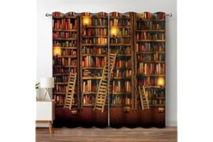 Jekeno Bookshelf Blackout Curtains Library Books Bookcase Printed Vintage Bookshelf Room Decor Grommet Shading Window Drapes for Living Room Bedroom 2 Panel Set, 52"x84"