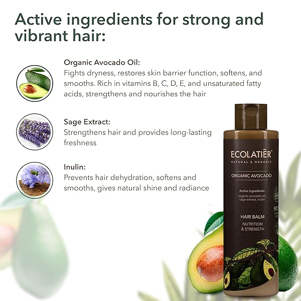 NUTRITION & STRENGTH HAIR BALM WITH ORGANIC AVOCADO – 98.6% NATURAL, VEGAN, HAIR CONDITIONER FOR DRY & DAMAGED HAIR, SULFATE-FREE, GENTLE ON SCALP, 8.5 FL OZ / 250ML