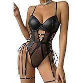 Avidlove Sexy Lingerie for Women Leather Teddy Lingerie Mesh Bodysuit Garter Belt Set S-XXL(No leg ring)